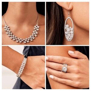 Paparazzi Jewelry Set Silver White Rhinestone Necklace Earrings Bracelet Ring